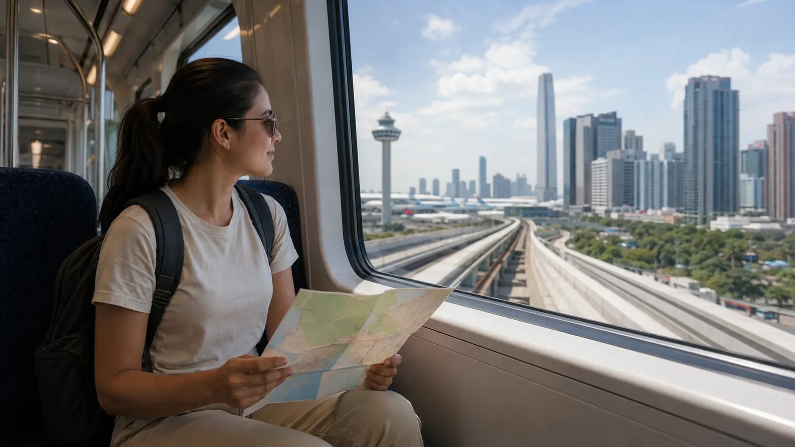 Traveler taking a direct airport train into the city during a layover