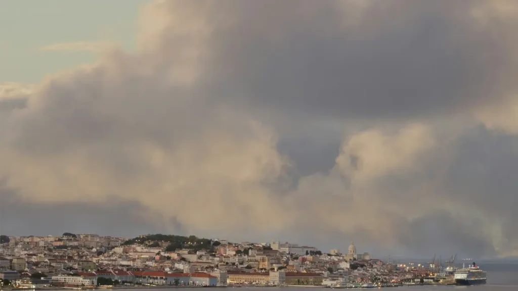 Lisbon skyline and Tagus waterfront beneath a dramatic cloudy sky