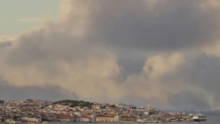 Lisbon skyline and Tagus waterfront beneath a dramatic cloudy sky