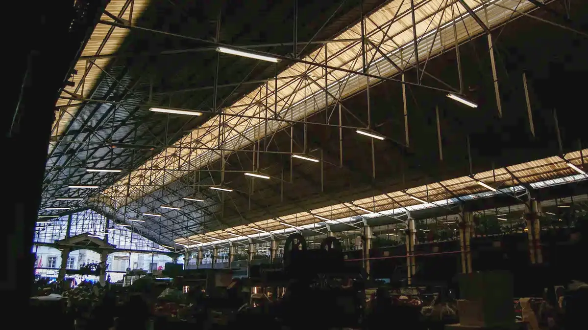 Iron-and-glass roof above the interior of Mercado da Ribeira in Lisbon