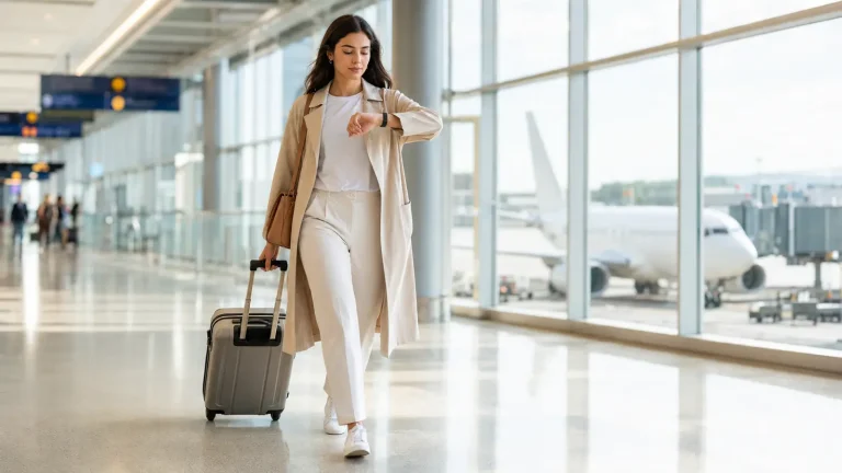 Traveler checking the connection time between two airport gates