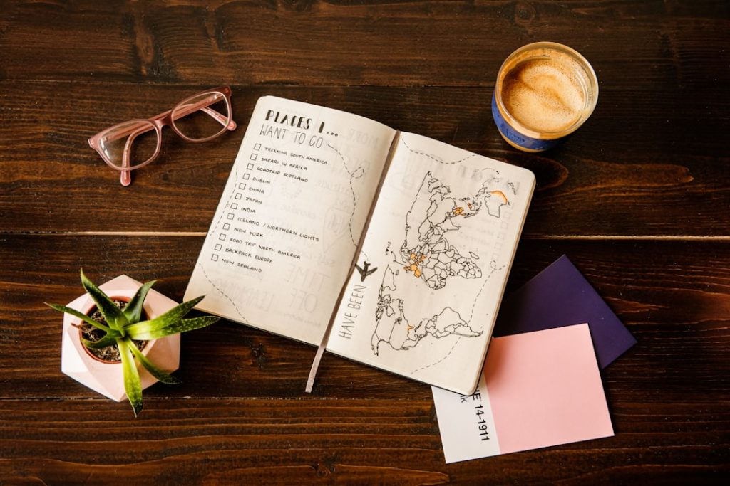 Travel planning notes arranged on a desk