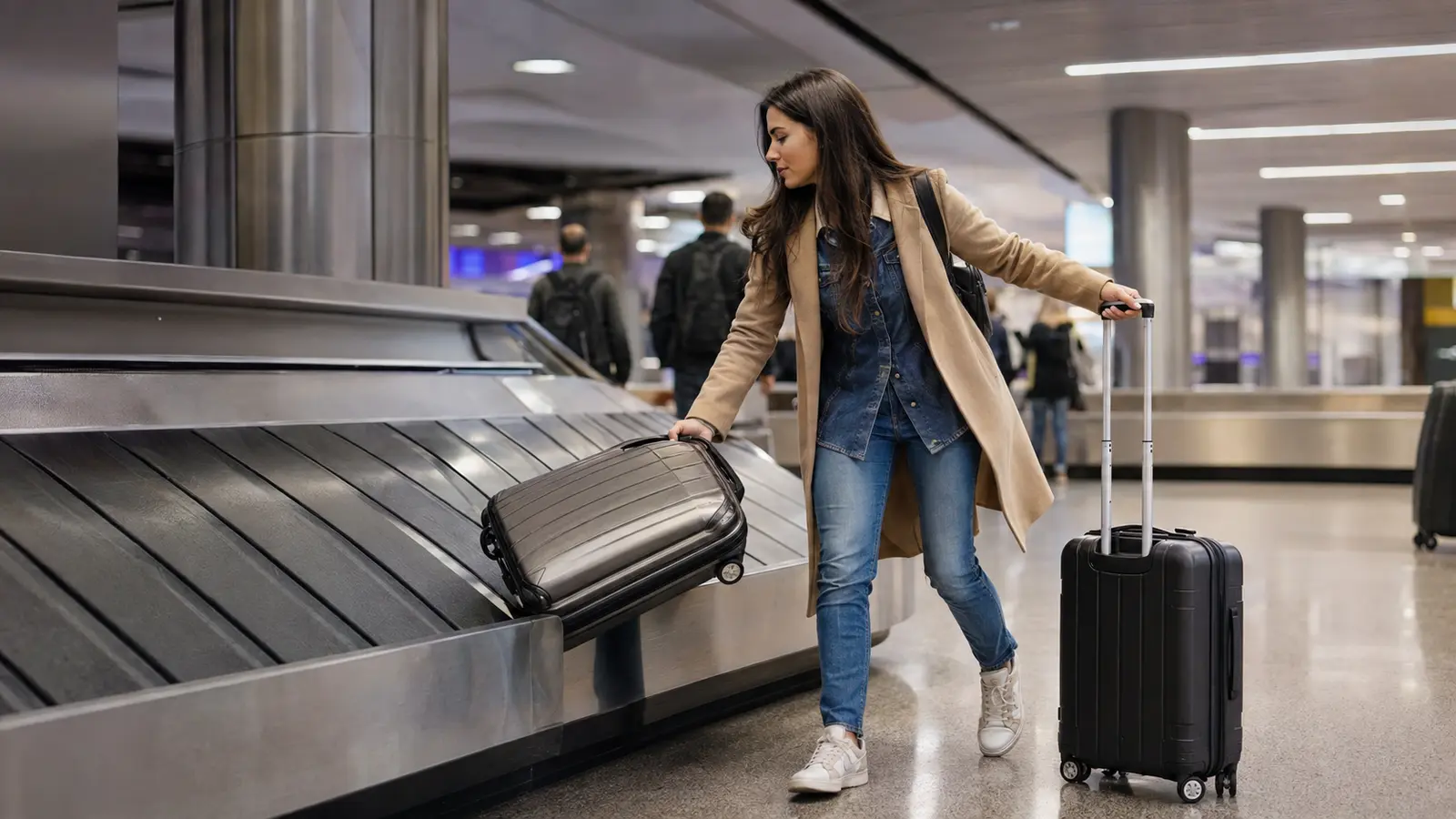 Traveler reclaiming checked baggage before a self-transfer flight