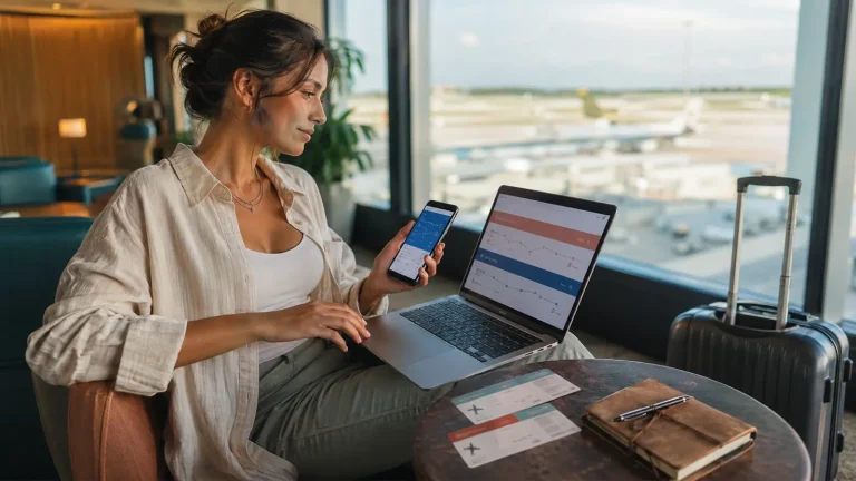 Traveler comparing two separate flight bookings for a self-transfer