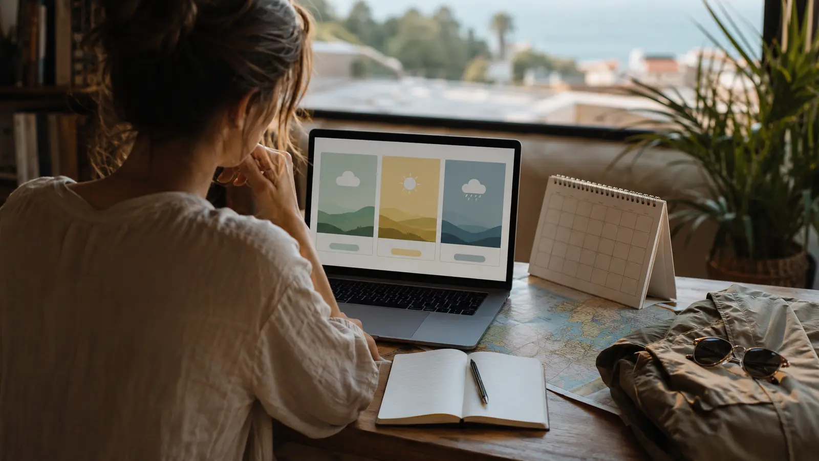 Traveler comparing seasonal calendars and prices for an upcoming trip