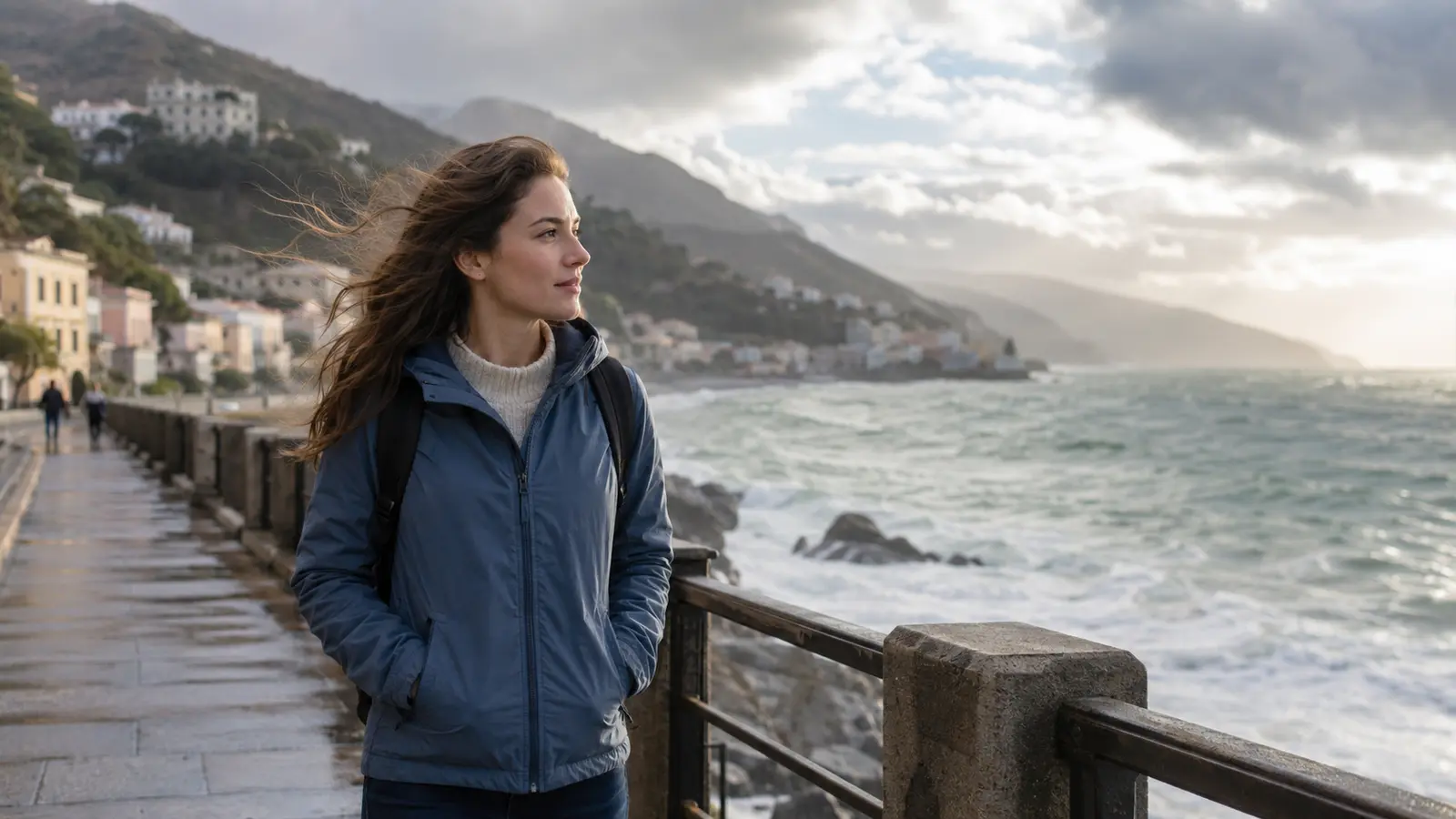 Traveler prepared for changeable shoulder-season weather by the coast