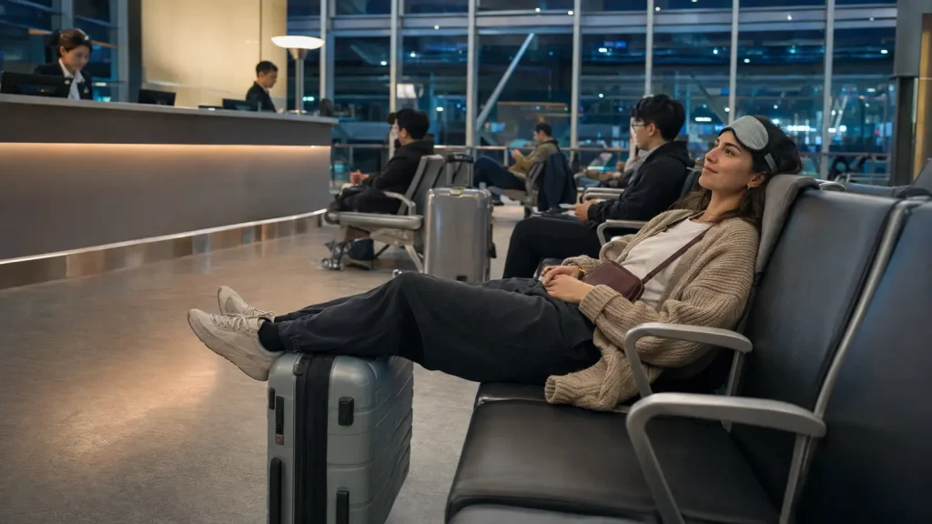 Solo traveler resting safely in a well-lit airport during an overnight layover