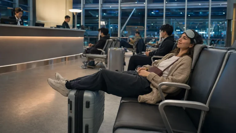 Solo traveler resting safely in a well-lit airport during an overnight layover