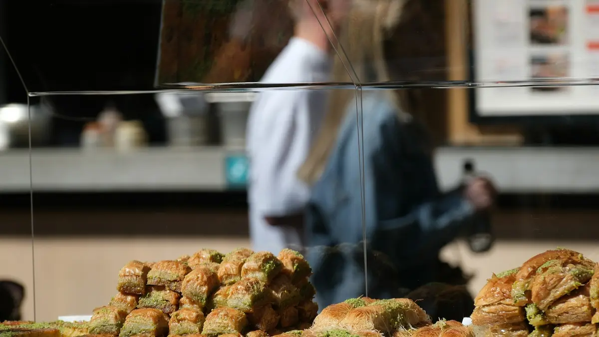Trays of pistachio baklava displayed at an Old Spitalfields Market stall