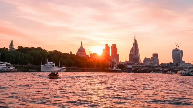 St Paul's Cathedral and the City of London skyline at sunset across the River Thames
