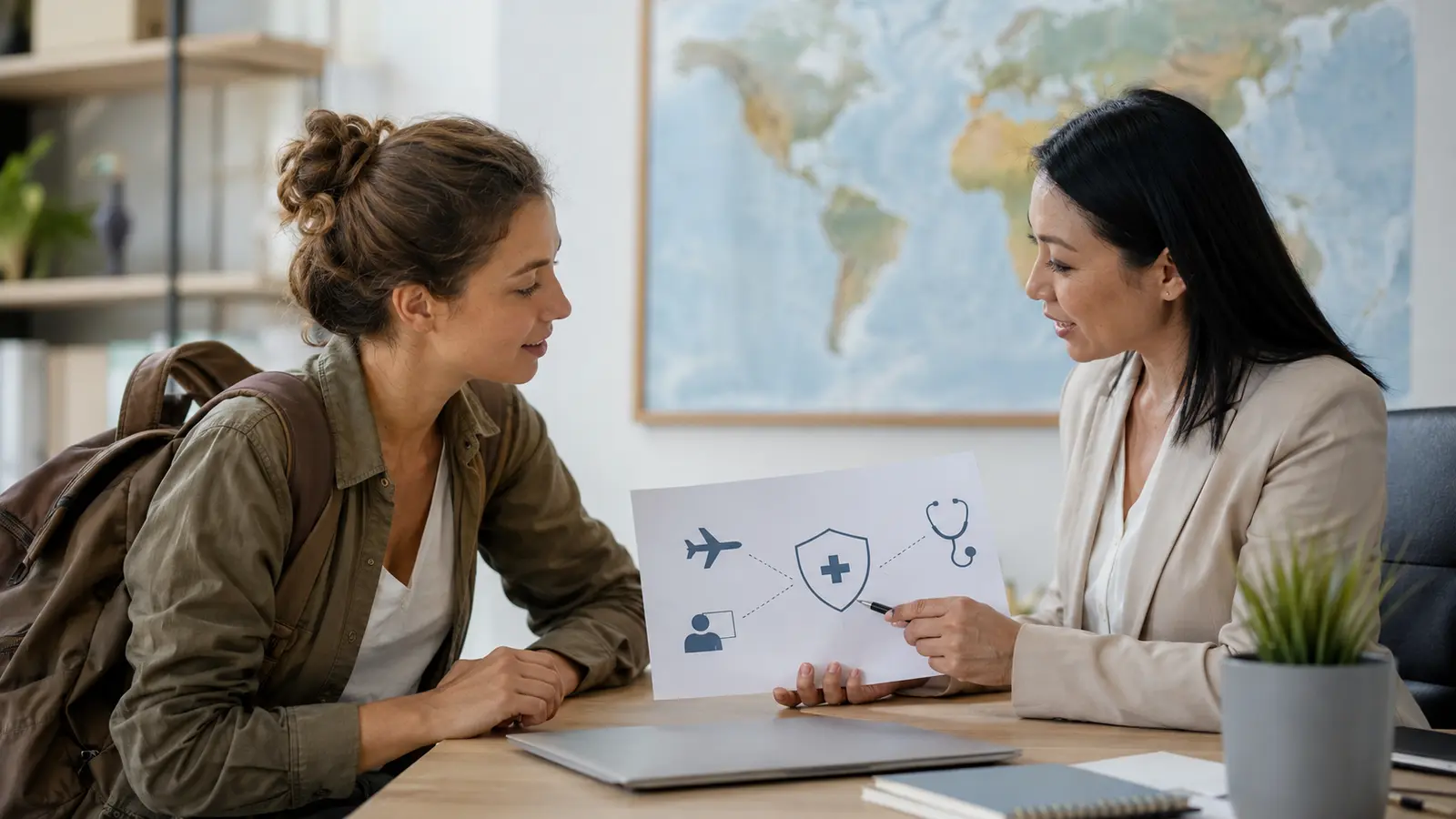International traveler discussing medical coverage with an insurance adviser