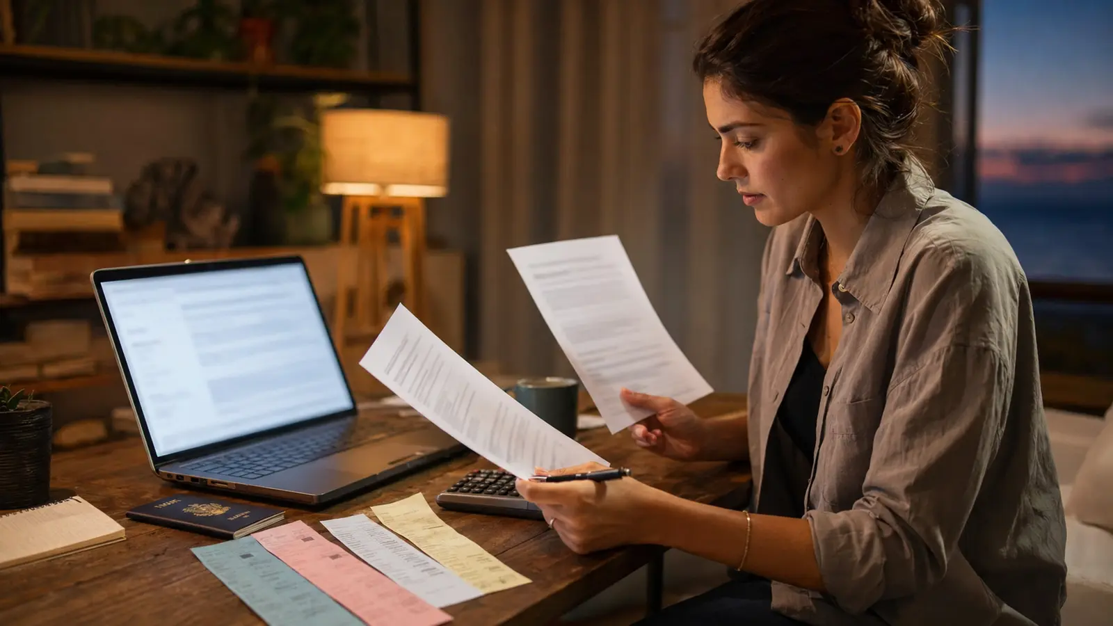 Traveler carefully comparing policy terms and nonrefundable trip costs
