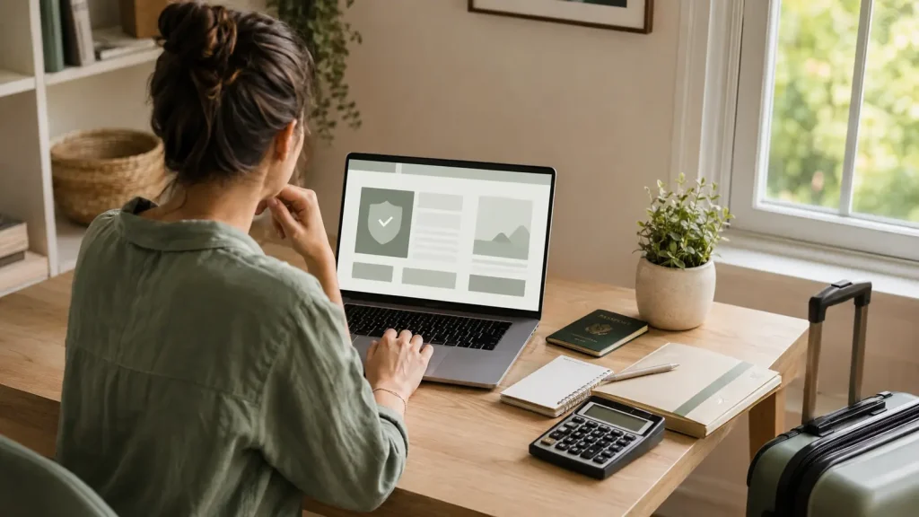 Traveler reviewing insurance coverage beside a passport and trip plans