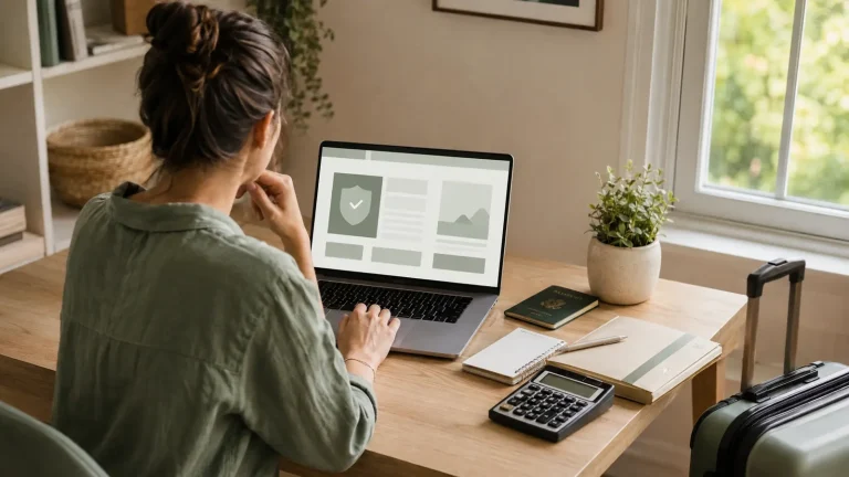 Traveler reviewing insurance coverage beside a passport and trip plans