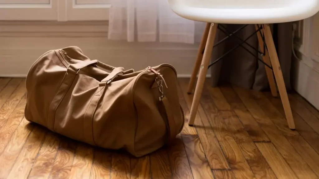Brown duffel bag packed for a weekend trip