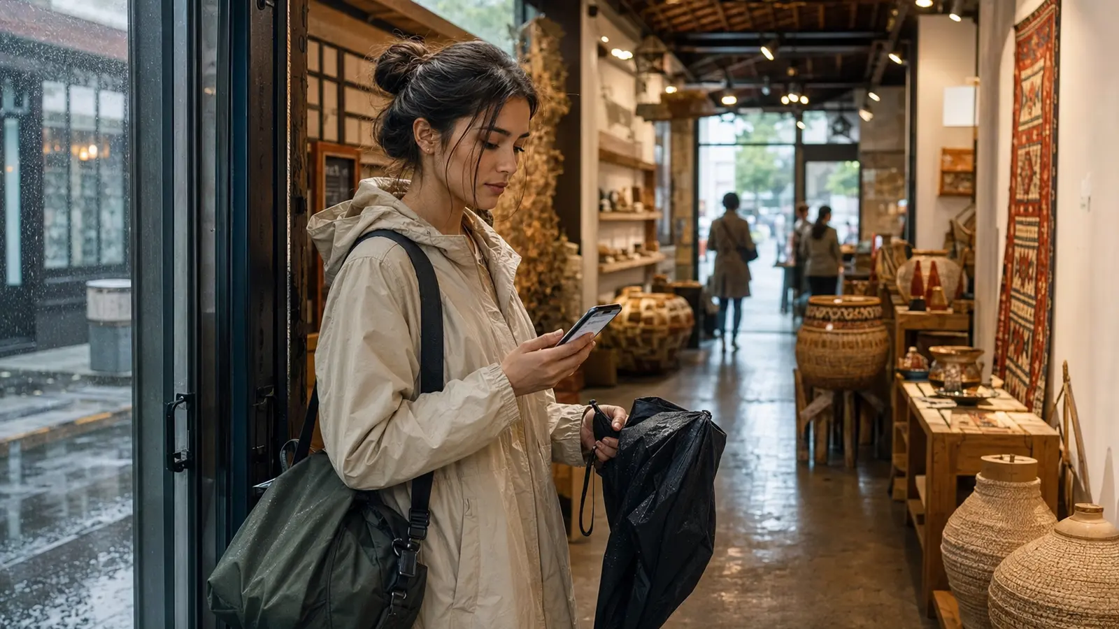 Traveler using an indoor Plan B during a rainy weekend getaway
