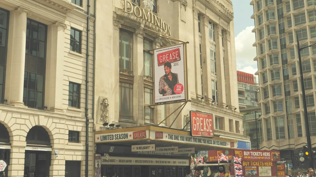 Illuminated Dominion Theatre frontage in London's West End at night
