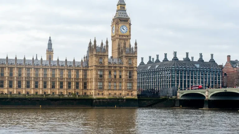 Palace of Westminster and Elizabeth Tower across the River Thames with Westminster Bridge on the right