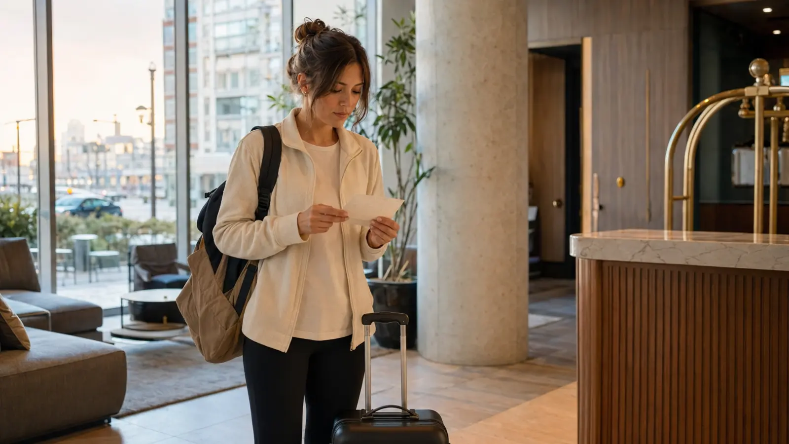 Traveler arriving at a hotel with luggage in soft morning light