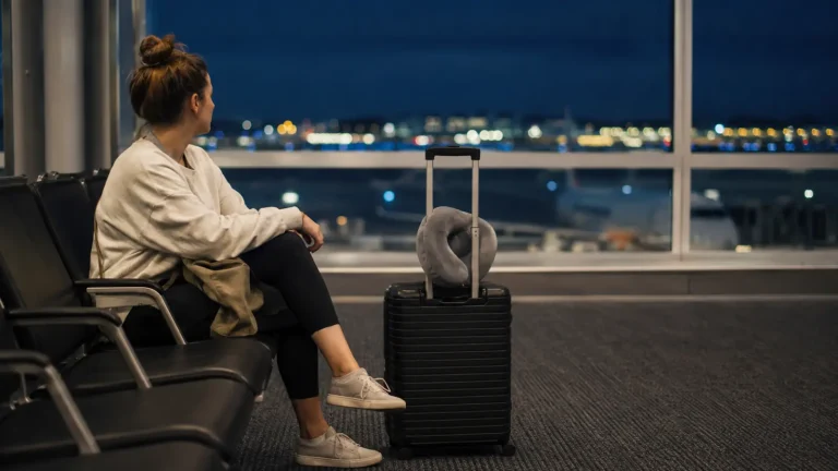Traveler waiting with a carry-on for a late-night red-eye flight
