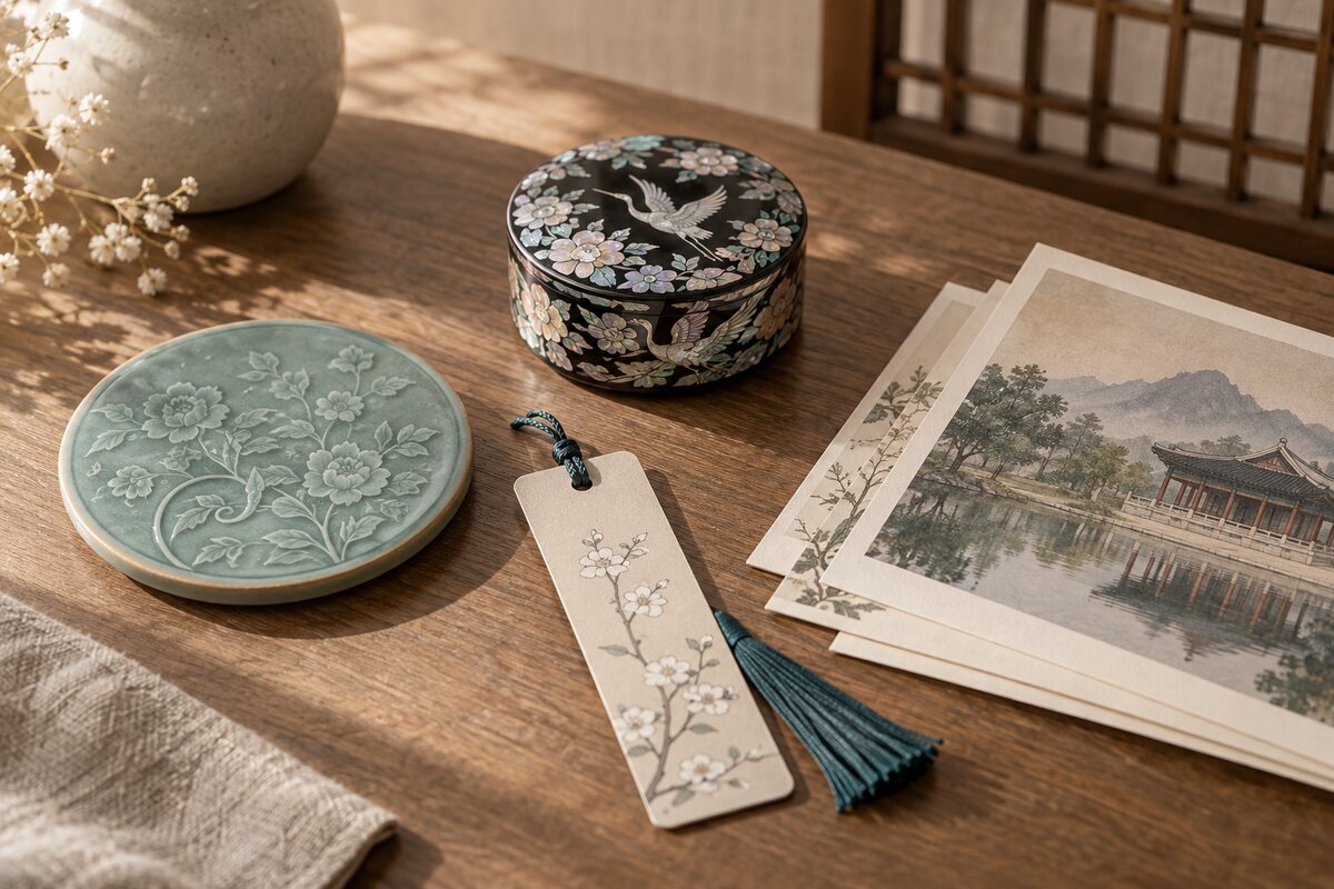 Korean museum souvenir assortment with mother-of-pearl box, celadon coaster, bookmark and palace postcards
