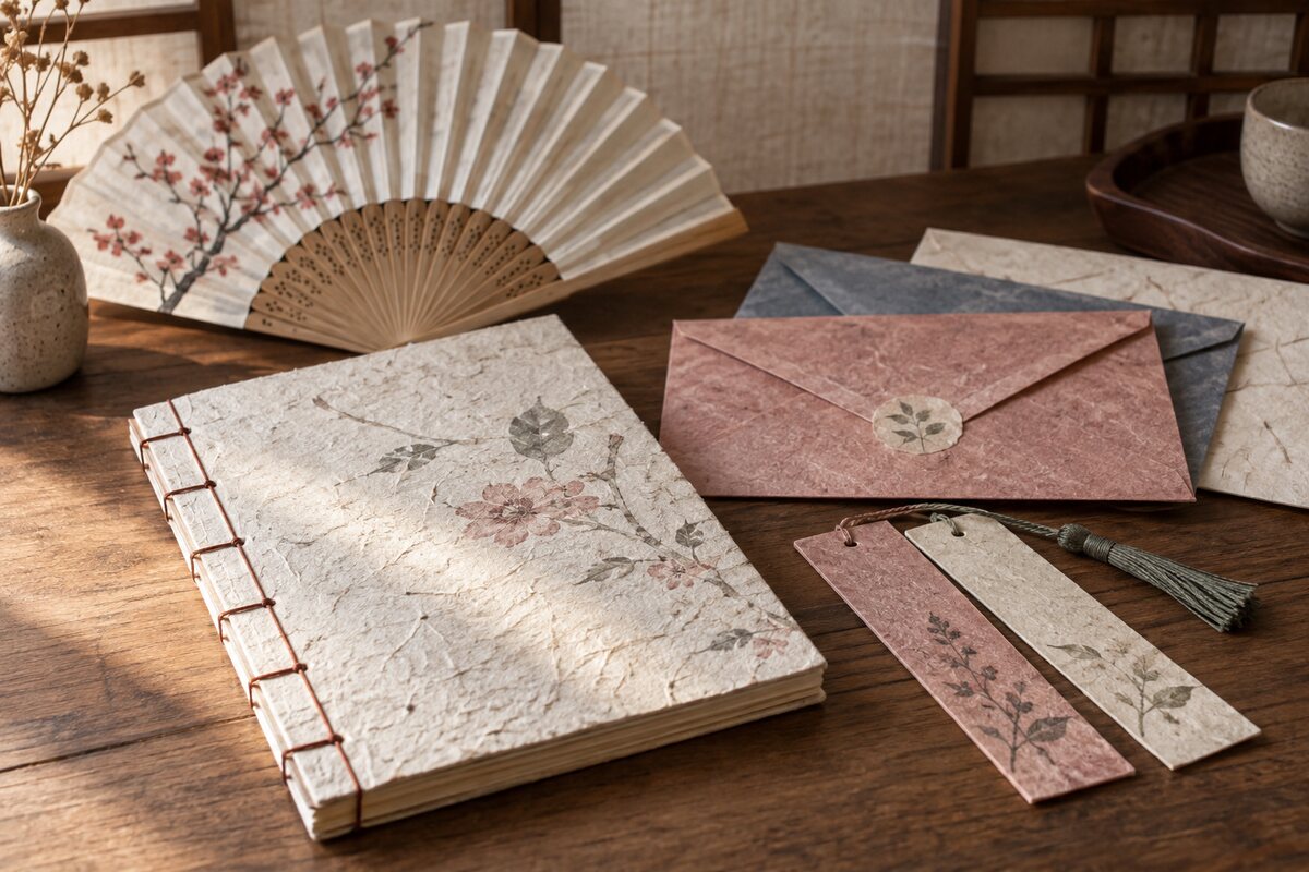 Handmade Korean hanji paper gifts including notebook, envelopes, bookmarks and fan