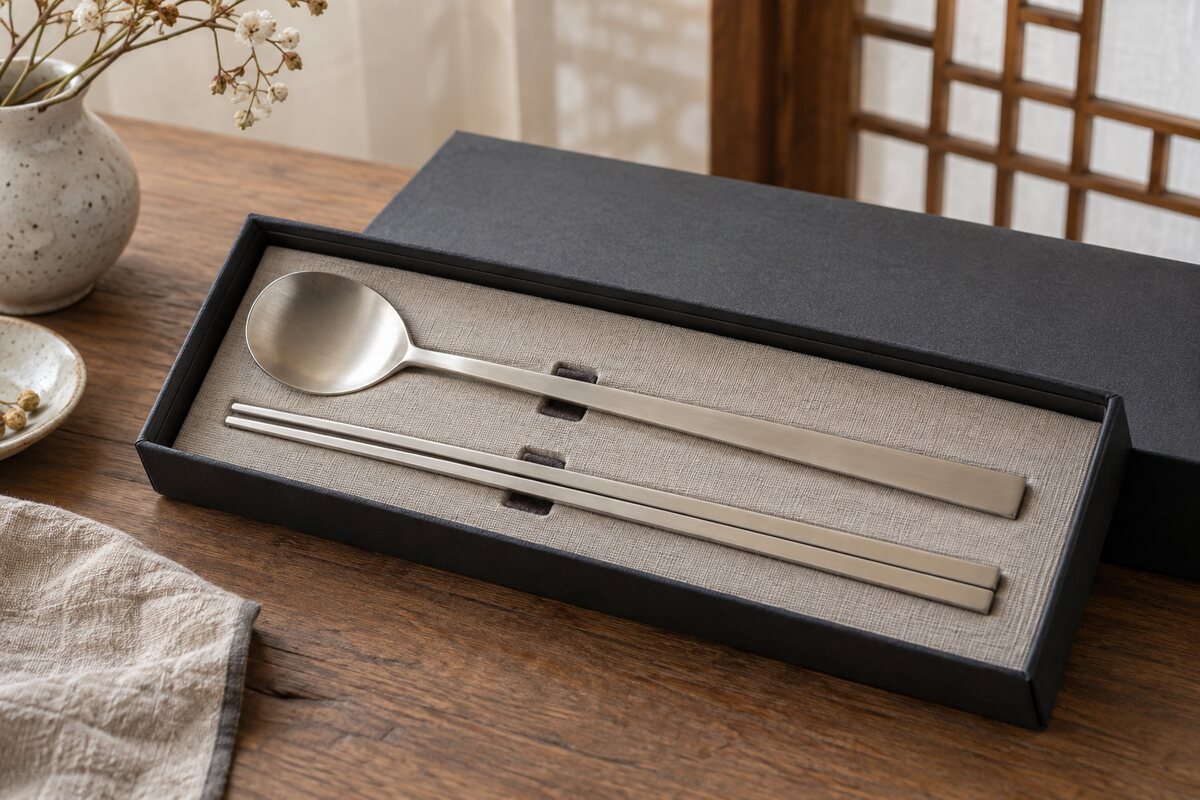 Korean sujeo set with flat metal chopsticks and spoon