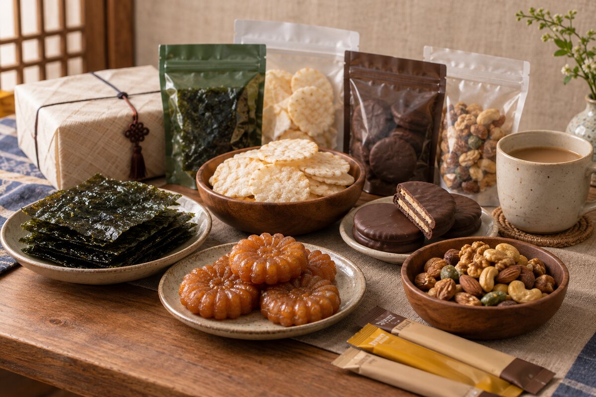Korean snack souvenir assortment with seaweed, yakgwa, rice crackers and coffee sticks