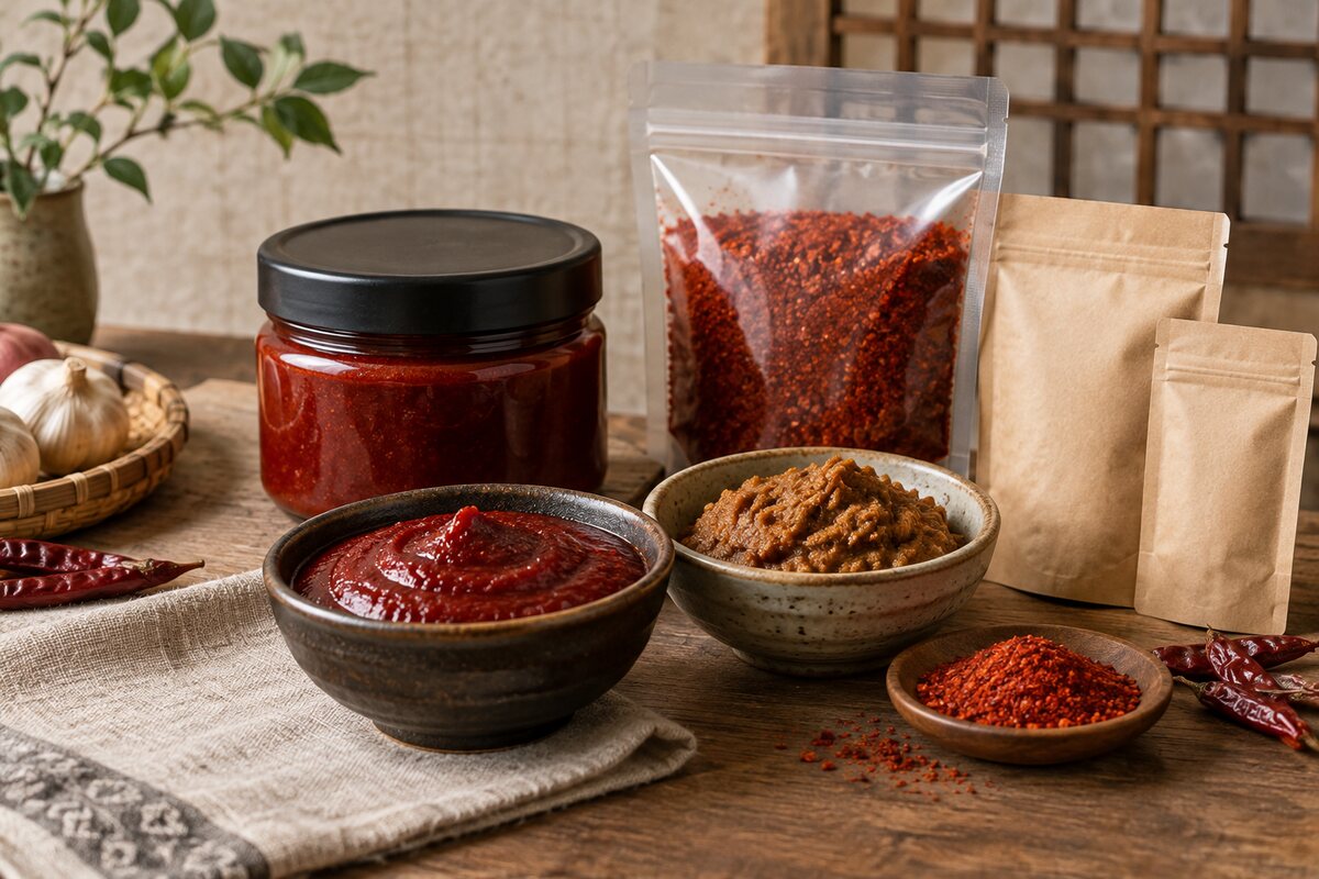 Korean cooking souvenir set with gochujang, doenjang and gochugaru