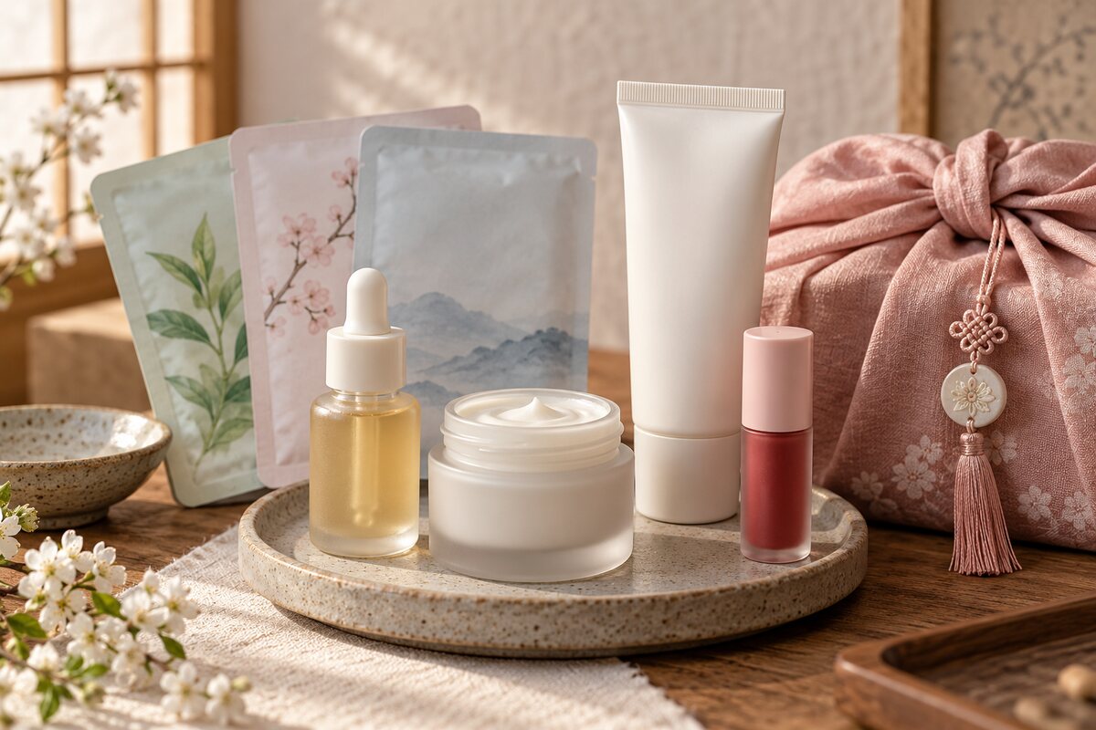 K-beauty gift assortment with sheet masks, serum, moisturizer, lip tint and sunscreen