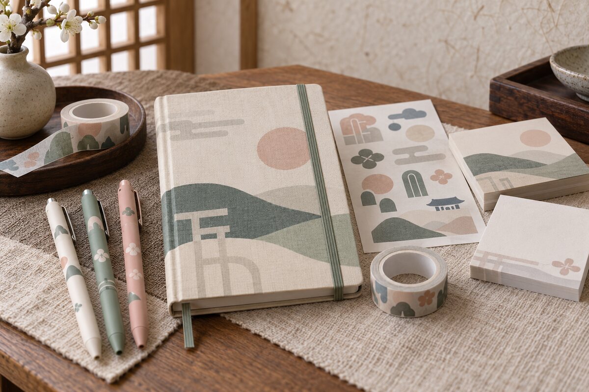 Korean stationery gift assortment with planner, pens, stickers and masking tape