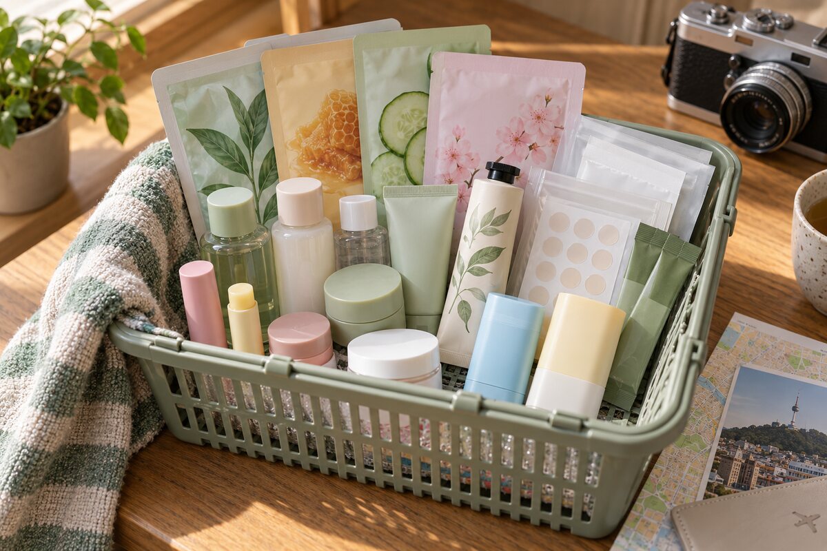 Affordable Korean drugstore gifts including sheet masks, skincare minis, hand cream, lip balm and wellness sachets