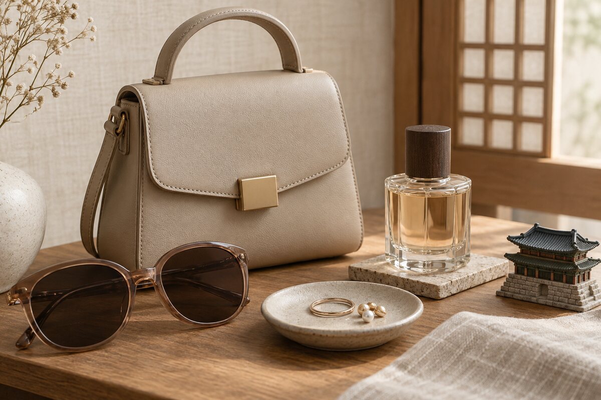 Contemporary Korean designer handbag, jewelry, fragrance and sunglasses