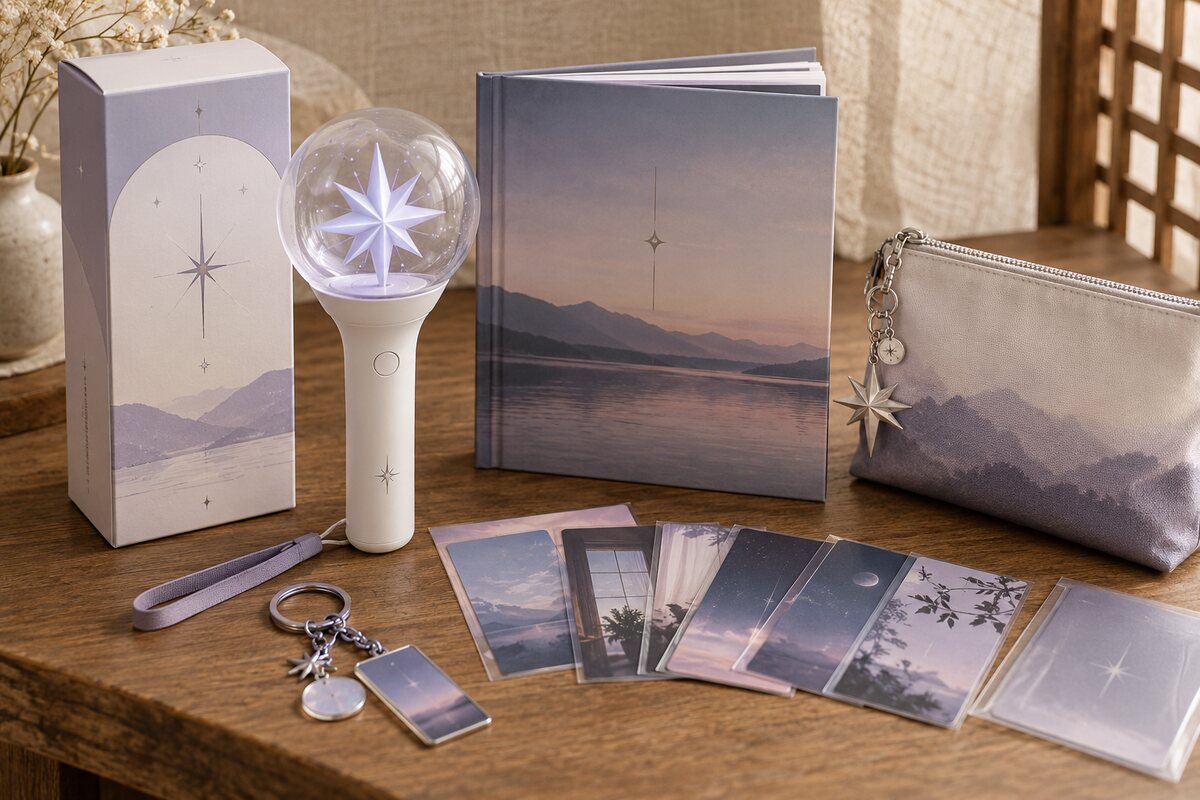 K-pop albums, photocards, light stick, keychain and official-style fan merchandise