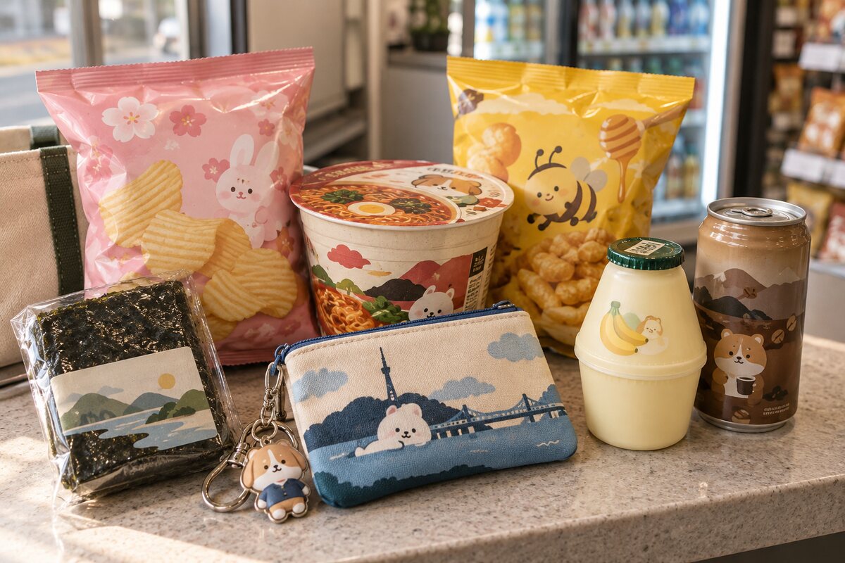 Korean convenience-store souvenirs including limited-edition snacks, cup noodles, canned coffee and character goods