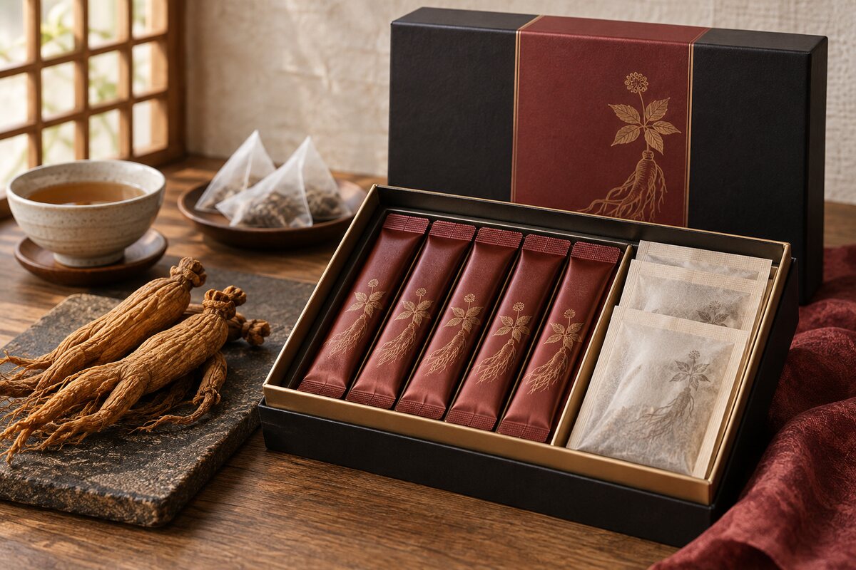 Premium Korean red ginseng gift set with extract sticks, tea sachets and ginseng roots