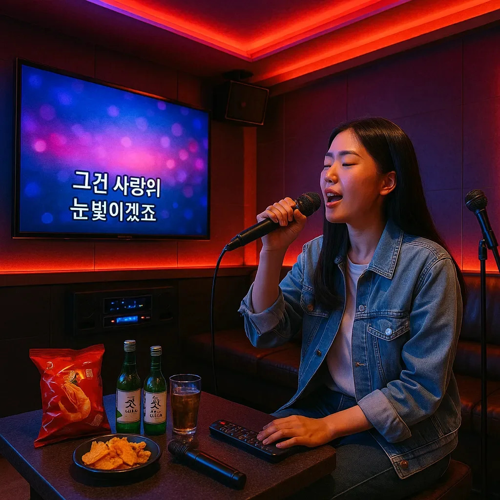 Woman singing in a neon-lit private karaoke room