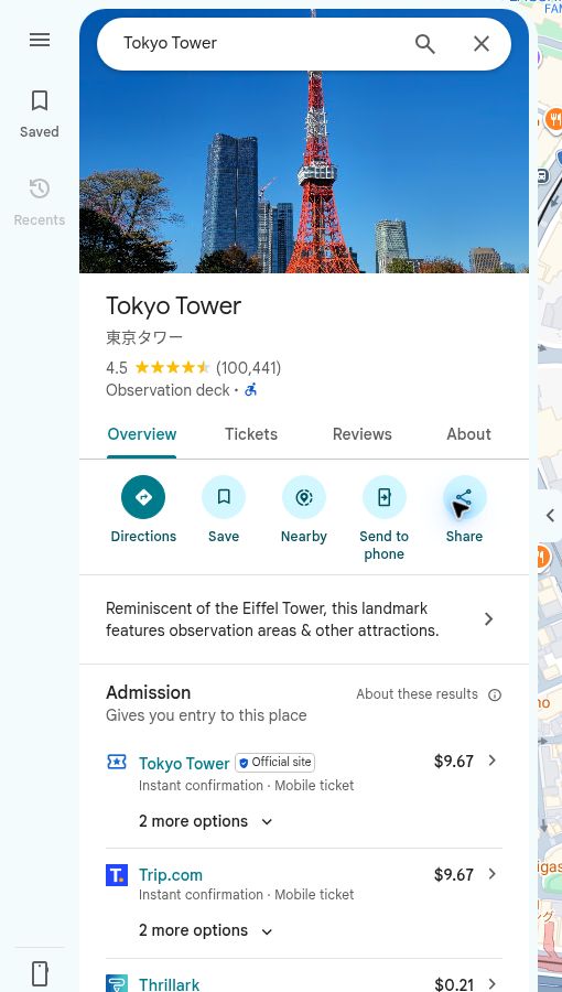 Google Maps place panel with the Save button highlighted among the place actions
