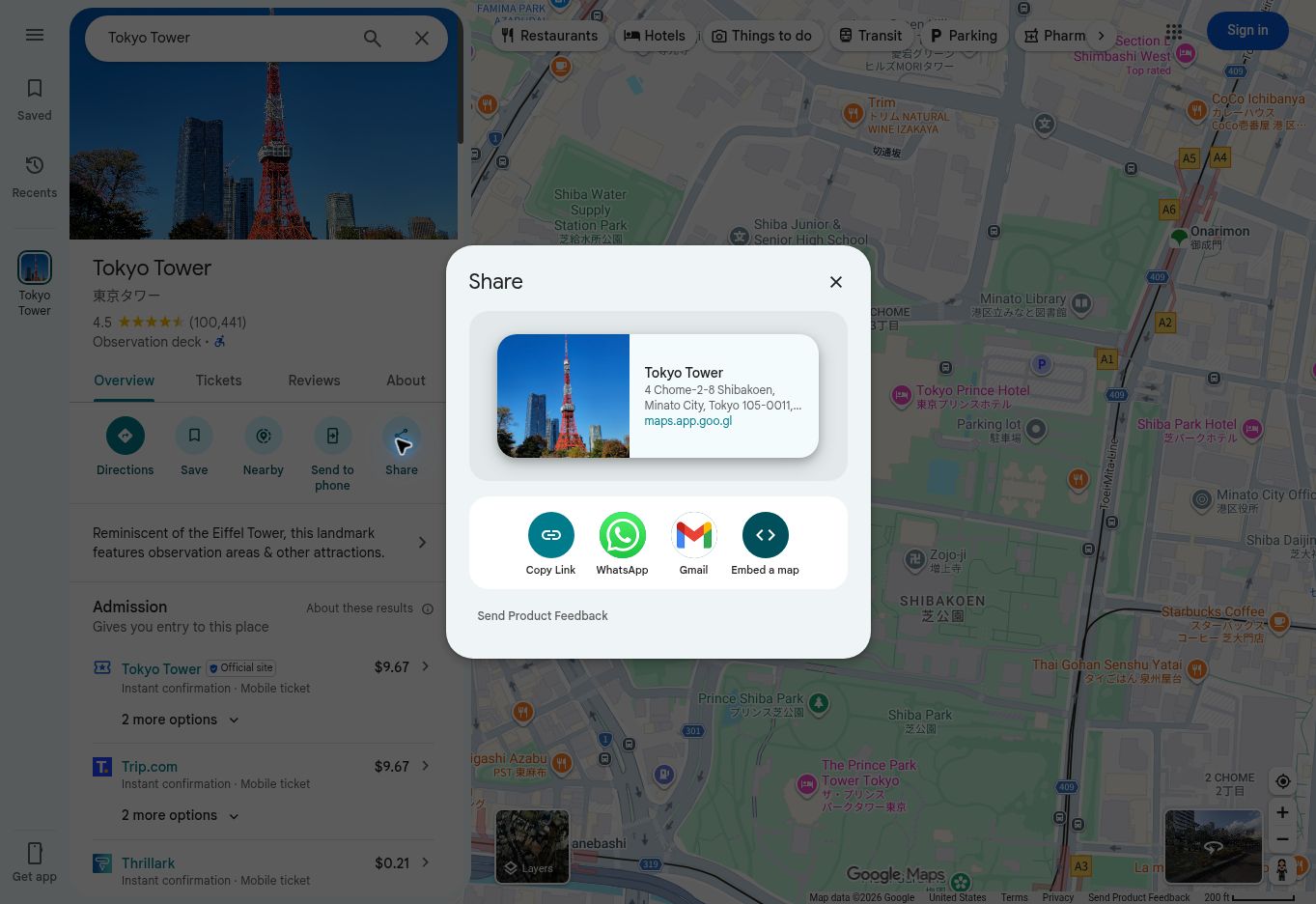 Google Maps Share dialog with Copy Link WhatsApp Gmail and embed options