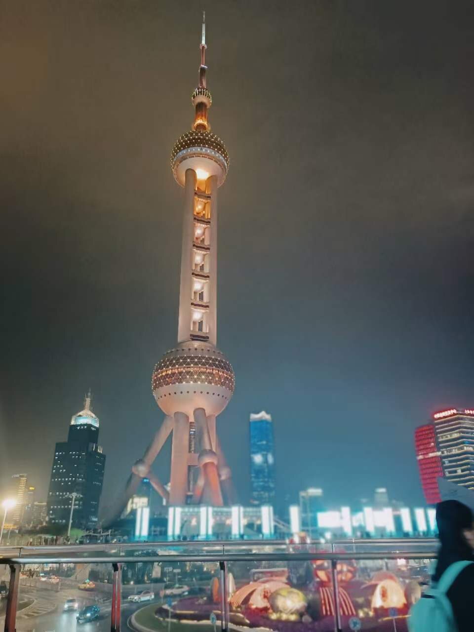 Oriental Pearl Tower illuminated at night in Lujiazui, Shanghai