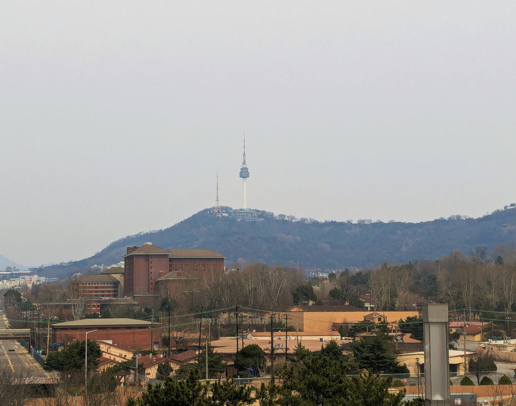 Distant daytime view of N Seoul Tower on Namsan Mountain