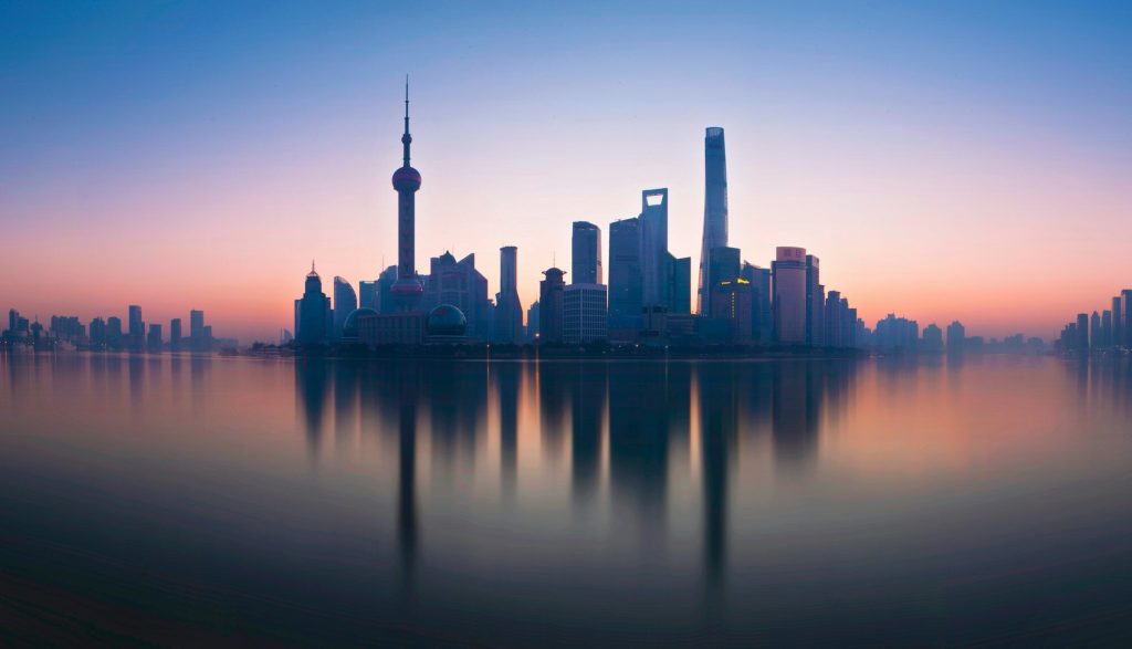 The Lujiazui skyline reflecting in the Huangpu River from the Bund in Shanghai