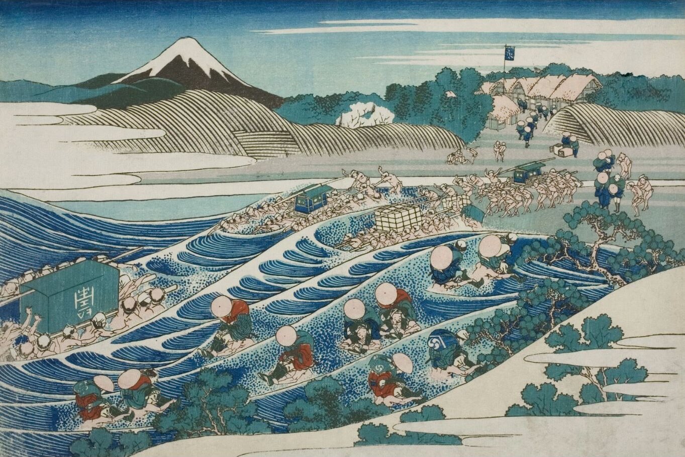 A Japanese woodblock landscape with Mount Fuji