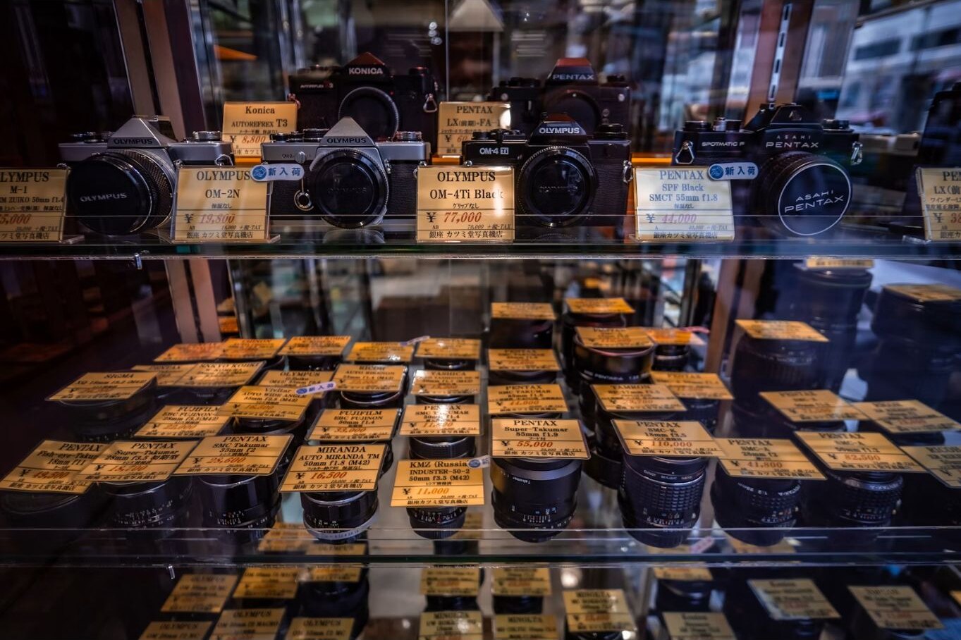 Vintage cameras displayed behind glass